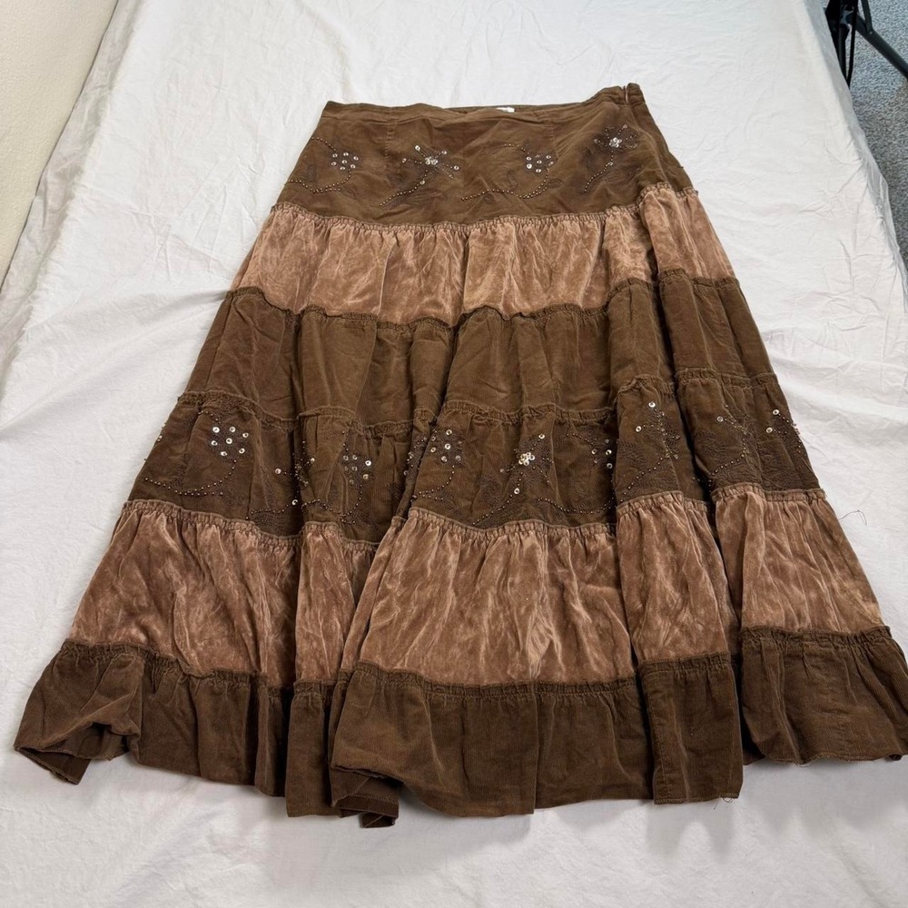 y2k Brown fairy boho whimsy beaded sequin tiered long skirt - Picture 2 of 7